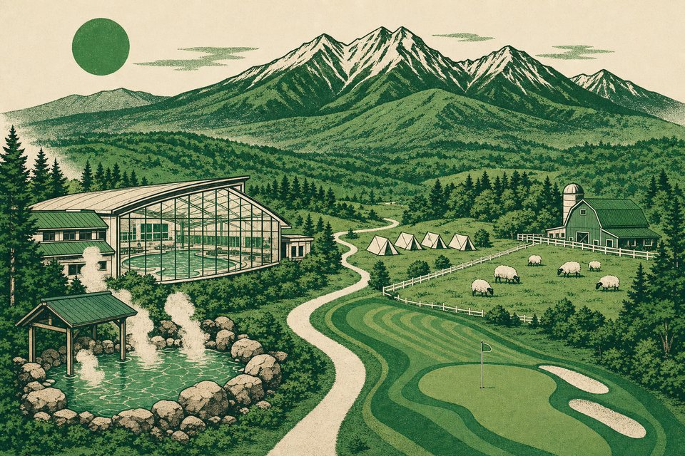 清里丘の公園を描いたレトロ調のイラストポスター — 温泉、アクアリゾート、キャンプ場、ゴルフコース、まきば公園が一体となった高原の風景