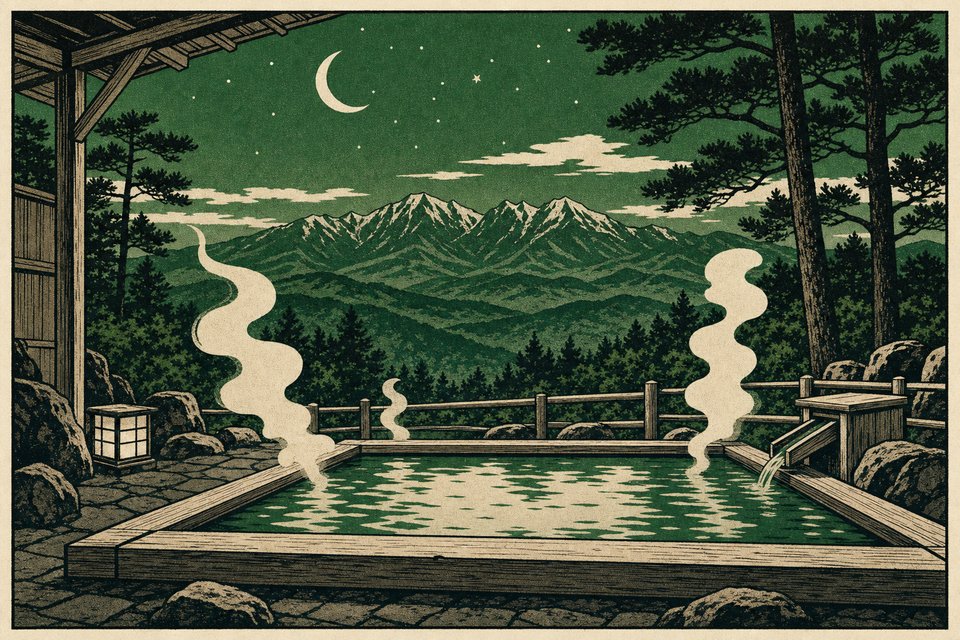 夜の高原に佇むたかねの湯の露天風呂を描いたレトロ調のイラストポスター — 湯気立つ湯船と八ヶ岳の山並み