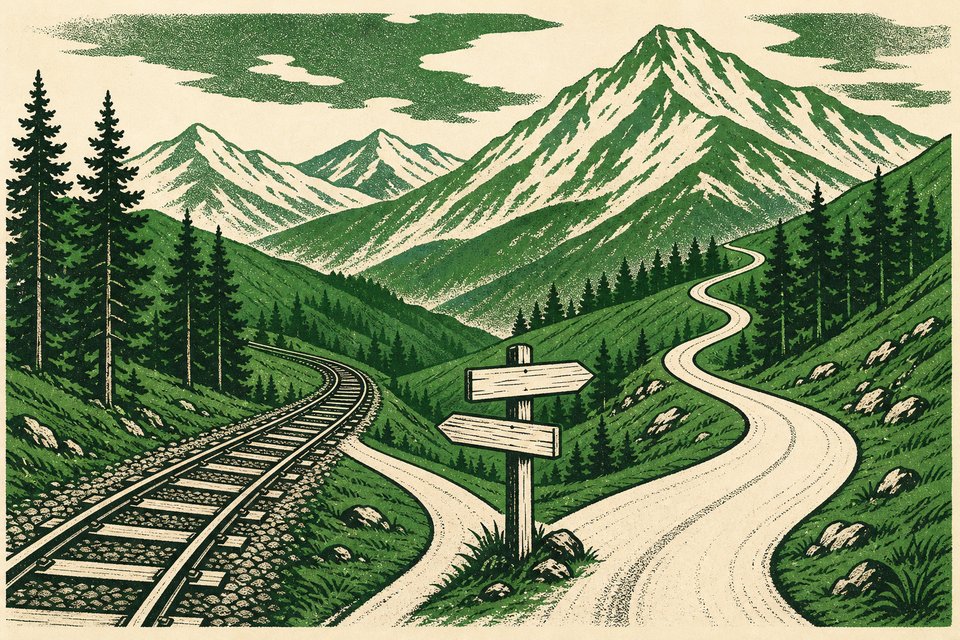 清里へと続く線路と分岐する道を描いたレトロ調のイラストポスター